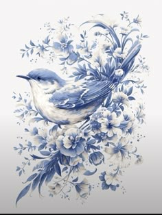 a blue and white bird sitting on top of a flowery branch with flowers around it