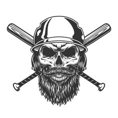 a skull wearing a baseball helmet with two bats