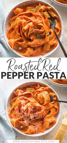 two bowls filled with roasted red pepper pasta