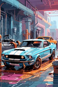 a painting of two mustangs parked in front of a gas pump on a city street