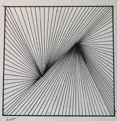 an abstract drawing in black and white with lines coming out of the center, on top of