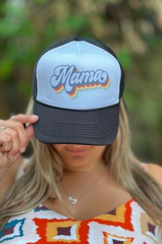 Retro inspired Mama Trucker Hat. Design is screen printed onto your favorite trucker hat. Adjustable snapback enclosure. One Size. Made In USA. Black Snapback Baseball Cap With Letter Print, Black Snapback Hat With Letter Print And Curved Bill, Black Trucker Hat With Letter Print And Flat Bill, Black Letter Print Snapback Trucker Hat, Black Snapback Trucker Hat With Letter Print, Black Trucker Hat With Letter Print For Baseball Season, Black Trucker Hat With Letter Print And Curved Brim, Adjustable Black Trucker Hat With Letter Print, Retro Curved Bill Trucker Hat For Baseball Season