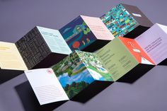 an open brochure with many different colors and designs on the front, inside and out