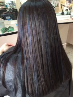 Dark brown hair with blue highlights Dark Brown Hair With Blue, Brown Hair With Blue Highlights, Highlights Hair Ideas, Hair With Blue Highlights, Brown Hair With Blue, Highlights In Brown Hair