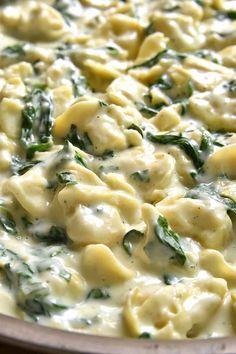 a close up of a plate of food with cheese and spinach