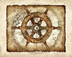 an old ship steering wheel on top of a piece of parchment paper with map in the background