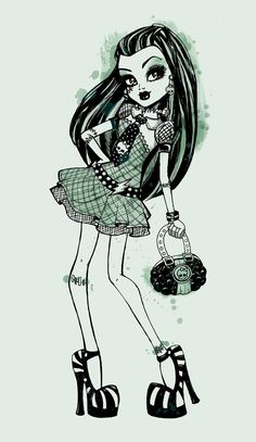 a drawing of a girl with long hair holding a purse and wearing high heeled shoes