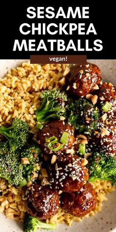 sesame chicken meatballs with broccoli and rice in a white bowl