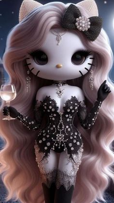 a doll with long blonde hair wearing a black dress and holding a wine glass in her hand