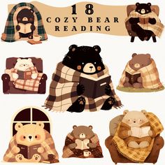 an image of teddy bears reading books on the couch and sitting in their cozy chairs