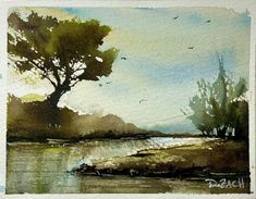 a watercolor painting of trees and birds in the sky