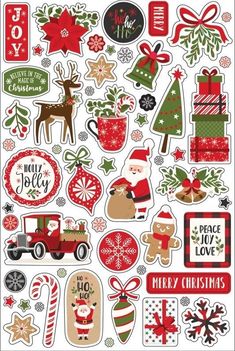 the christmas stickers are shown in red, green and white plaid paper with holiday decorations