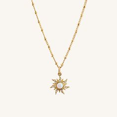 Embrace your inner princess with our Cassie Necklace. She features a gold filled chain, which makes it an elegant everyday necklace. Its dainty opal sun charm easily adds a pop of color to any outfit, ensuring you always stand out. This shiny piece is perfect for necklace layering or equally beautiful worn alone. Best of all, this necklace is tarnish free! • Single Gold filled chain (of choice) with charm• Gold Filled• Bead Chain Length: 20"• Twist Chain Length: 16" + 1" extender (to make adjust Cheap Star Charm Necklaces For Women, Gold Necklace Sun, Sun Charm, Princess Necklace, Steel Gifts, Gold Sun, Necklace Layering, Mermaid Necklace, Everyday Necklace