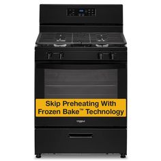 a black stove top oven sitting on top of a white counter next to a sign that says, skip preheating with frozen bake technology