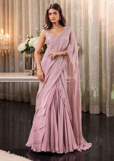 Charu & Vasundhara-Eartha Lilac Pink Lehenga Sari With Blouse-INDIASPOPUP.COM Rose Gold Skirt, Lehenga Sari, Vikram Phadnis, Pink Sari, Skirt Saree, Gold Sequin Fabric, Chinese Fancy Dress, Simple Sarees