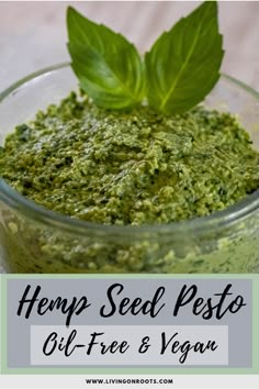 hemp seed pest in a glass jar with a green leaf on top and text overlay that reads hemp seed pest oil - free & vegan