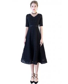 Shop Black Full Lace Tea Length Party Dress with Sleeves online. All instock with free shipping. Pro since 2009. Fitted Vintage Dress For Spring Banquet, Spring Vintage Fitted Dress For Banquet, Fit And Flare A-line Vintage Dress For Party, Fitted V-neck Vintage Party Dress, Spring Lace A-line Evening Dress, Stretch A-line Dress For Wedding, Vintage Dress For Spring Banquet, Fitted Black A-line V-neck Dress, Fitted A-line Lace Midi Dress