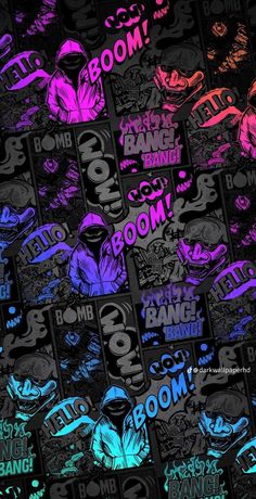 the wall is covered in many different colored graffiti sticker art pieces, including one that says boom