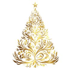 a golden christmas tree with swirls and stars on it's top, against a white background