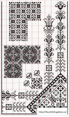 a cross stitch pattern with red and black designs