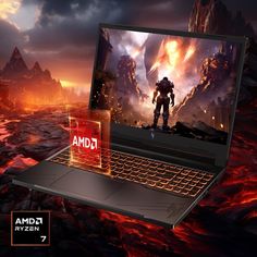 an open laptop computer sitting on top of a red and black background with the words amd