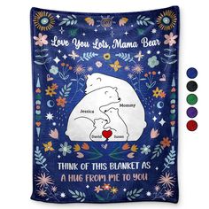 a blue blanket with an image of a polar bear holding a heart and the words love you