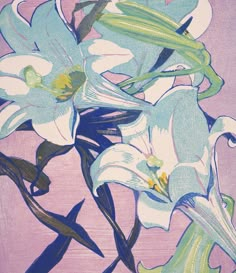 a painting of blue and white flowers on a purple background