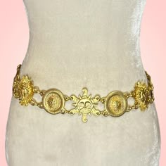 1980s Amazing sun and moon gold celestial belt.... - Depop Sun Themed Clothes, Gold Chain Belt, Sun Clothes, 2000s Accessories, Accessories Png, Sun Belt, Chain Belts, Gold Belts, Gold Medallion