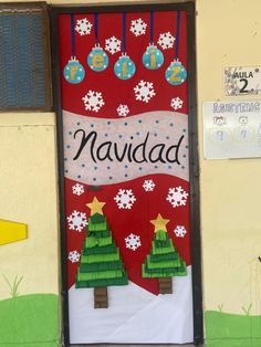 a door decorated with christmas trees and snowflakes