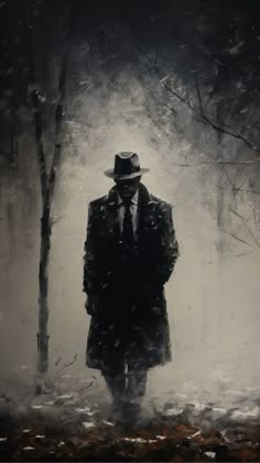 a painting of a man in a suit and hat walking through the woods on a foggy day