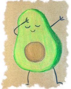 a drawing of an avocado with its eyes closed and hands in the air