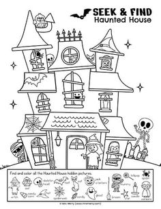 a halloween coloring page with the words seek and find in front of a large house