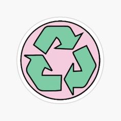 a pink and green circular sticker with arrows in the shape of a recycle