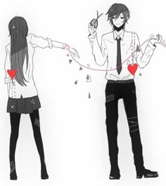 two anime characters with long hair and black pants, one holding a red heart while the other wears a white shirt