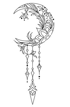 a black and white drawing of a crescent with beads hanging from it's side