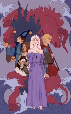 a woman in a purple dress standing next to some other people and an orange dragon