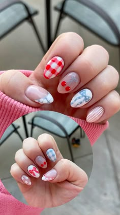 #julynails #july #july4th #nails #nailart #manicure #luminary #naildesign #cherrynails #redwhiteandblue #nailinspo Nails With Cherry Design, Blue Nails With Cherries, Cute Luminary Nails, Blue And Red Nails, White Nails With Red And Blue Stars, Red White And Blue Nails, Luminary Nails, Sorority Nails, Fourth Of July Nails Cherry