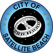 the city of satellite beach seal is shown in blue and black with stars around it