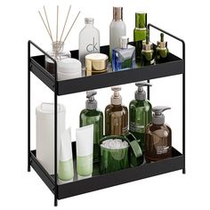 a black shelf with bottles and soaps on it