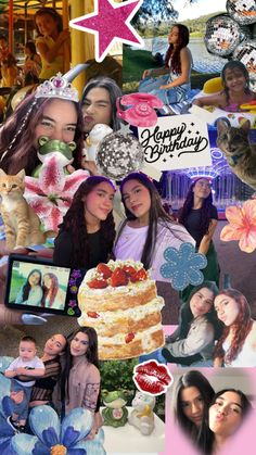 a collage of photos with women and cats on them, including flowers, butterflies, hearts, stars, and cake