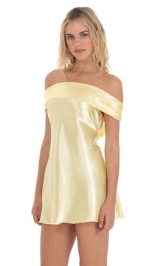 Satin Off Shoulder Dress in Yellow Off The Shoulder Short Satin Dress, One Sleve Short Dress, One Shoulder Dress Short Formal, Dark Yellow Dress Short, Yellow Satin Bodycon Dress, One Shoulder Short Prom Dress, Yellow Party Dress Short, Hoco Dresses Off The Shoulder, Light Yellow Mini Dress