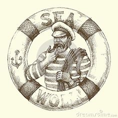 an old sailor with a pipe in his hand and life preserver on the background