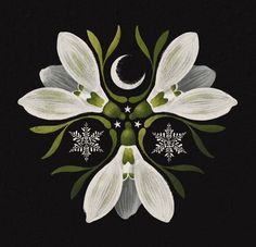 a white flower with snowflakes and a crescent in the center on a black background