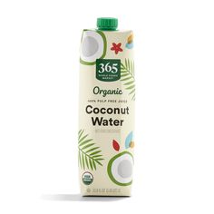 a carton of organic coconut water on a white background with clippings to the side