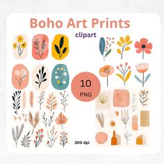 the boho art prints clipart collection includes flowers, plants, and other things