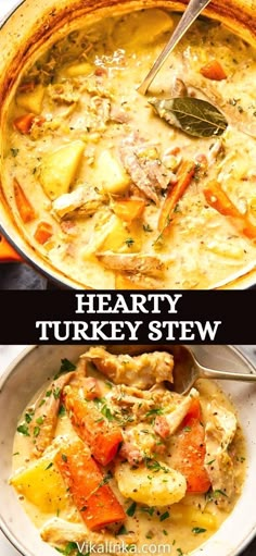 hearty turkey stew with potatoes and carrots in a white bowl