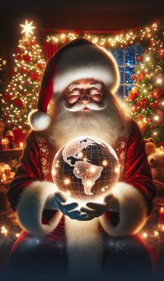 santa claus holding the earth in his hands with christmas lights around him and looking at it