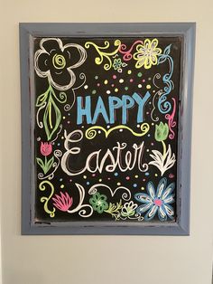 a chalkboard with the words happy easter painted on it