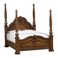 a wooden bed with four posts and white linen on the bottom sheet, in front of a white background