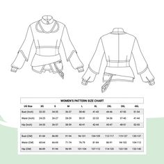 the women's pattern size chart for an unisex top with long sleeves